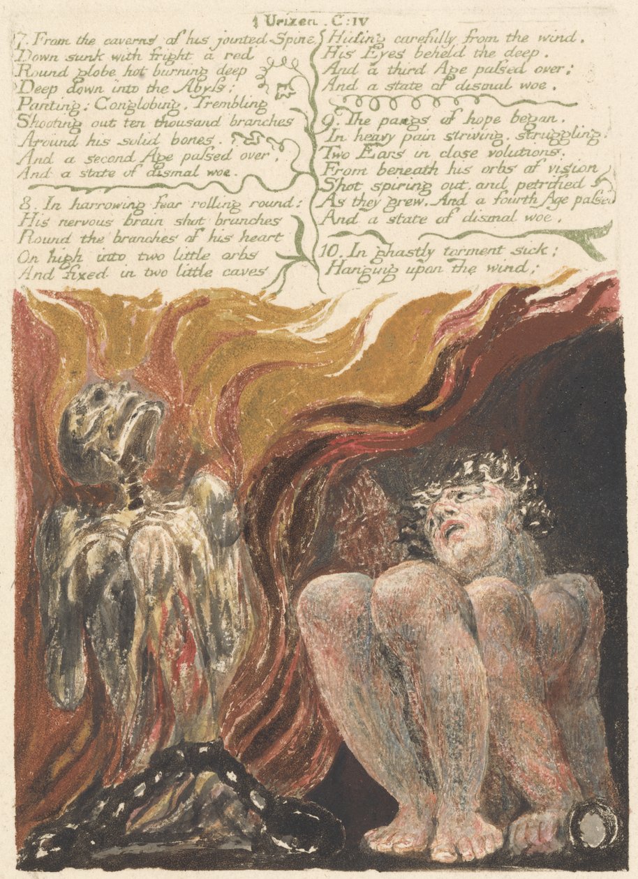 7. Összecsukott gerincének barlangjaiból..., 14. tábla Urizen első könyvéből, 1794 (színnyomásos domborműves tussal és wc-vel papíron) alkotó: William Blake