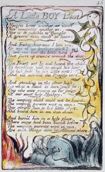 A Little Boy Lost, 46. tábla (Bentley 50) az Ártatlanság és tapasztalat dalaiból (Bentley Copy L) 1789-94 (dombormetszet tollal és wc-vel) alkotó: William Blake