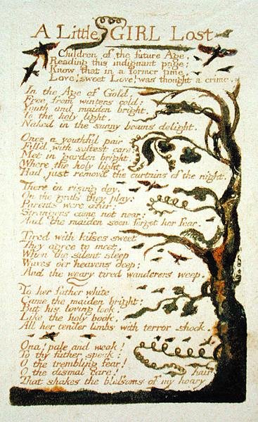 Egy elveszett kislány, 43. tábla a Songs of Experience, 1789-ből (színes, nyomtatott dombormetszet, wc-vel, papírra nyomtatva) alkotó: William Blake