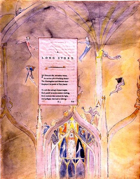 Egy hosszú történet, egy ősi épülethalom, amely a tündérkezek erejét alkalmazta, Thomas Gray verseiből, 1797-98 (wc és fekete tinta a papíron) alkotó: William Blake
