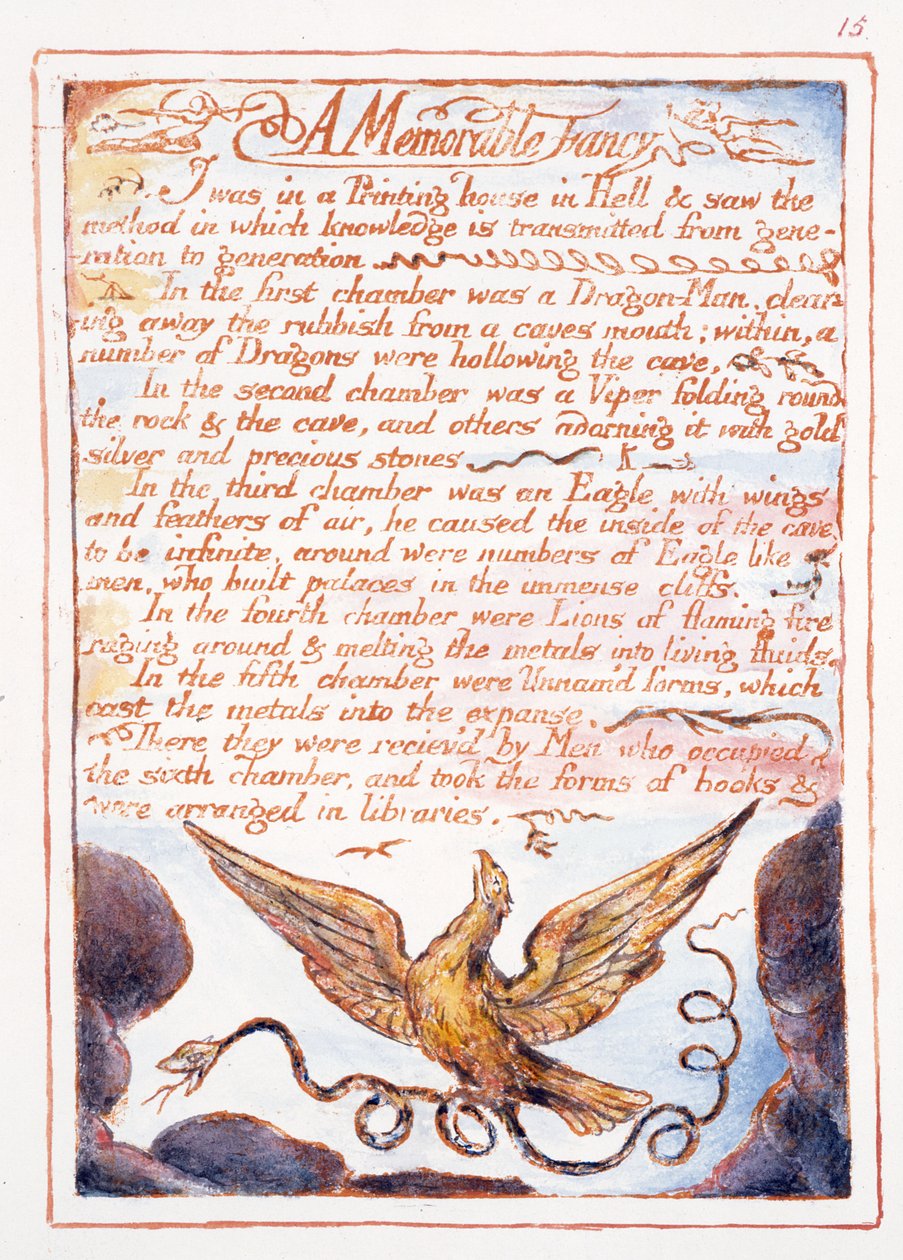 Emlékezetes képzelet, szöveg és illusztráció az „A menny és a pokol házasságából”, 1790–1793 körül (domborműves metszet tollal és WC-vel befejezve) alkotó: William Blake