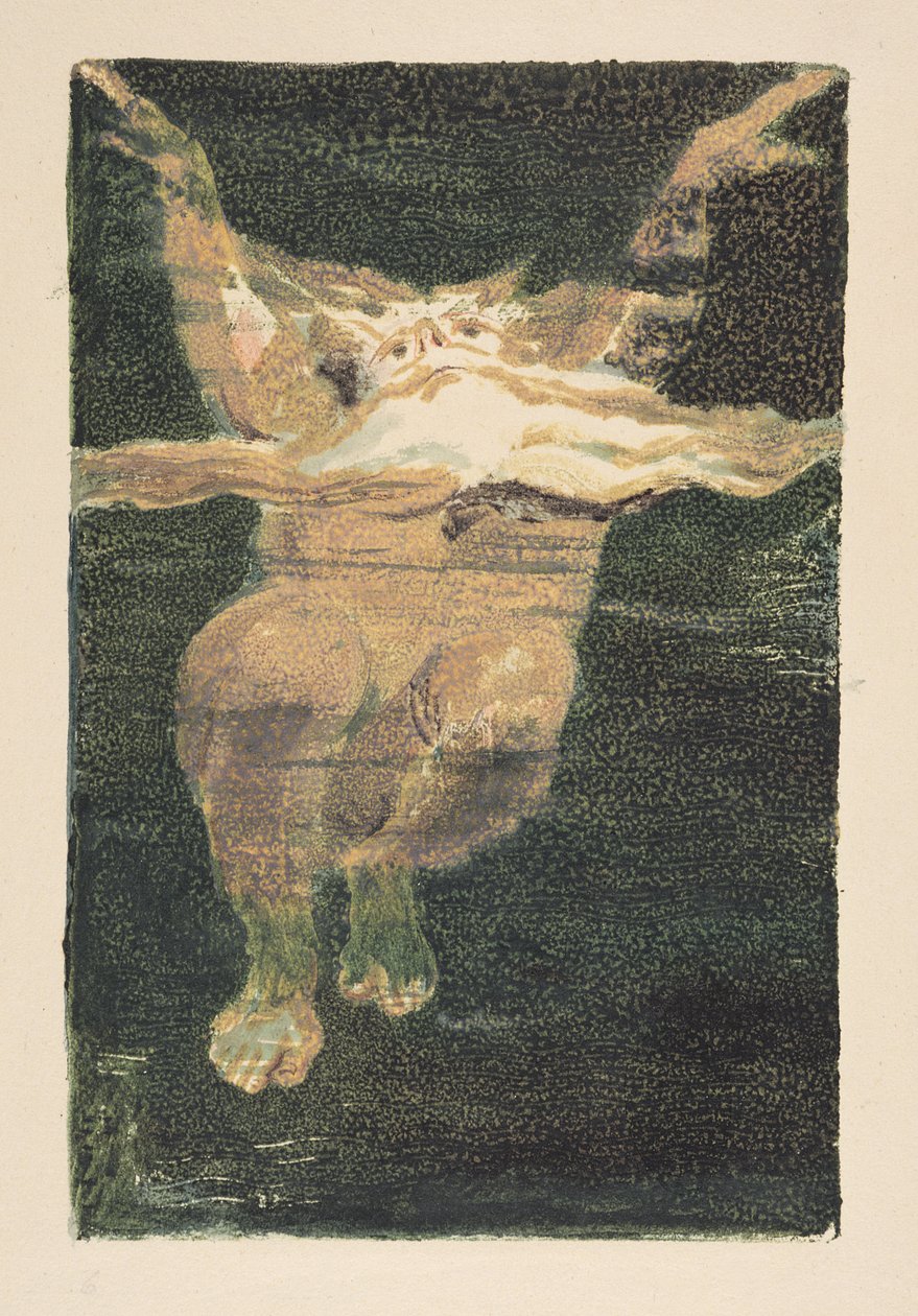 Egy meztelen férfi lebegő fehér szakállal, 5. tábla az Urizen első könyvéből, 1794 (színes domborművésés wc-vel) alkotó: William Blake
