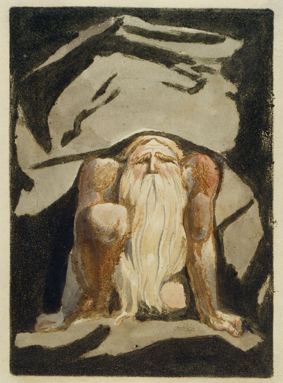 "Egy meztelen, hosszú szakállas férfi térdelve, egyik térdét felhúzva, mindkét kezét a földön tartva", 23. tábla "The First Book of Urizen" (Urizen első könyve), 1794 (színes dombormetszet, tintával és wc-vel, papírra nyomott színes metszet). alkotó: William Blake