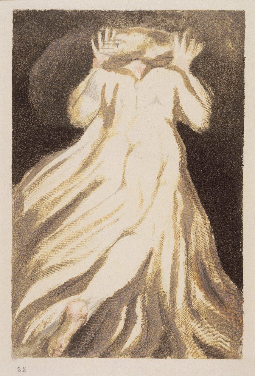 Egy fehér hajú férfi hosszú, sápadt köntösben, aki felemelt kézzel menekül előlünk, 21. lemez az Urizen első könyvéből, 1794 (színnyomásos domborművésés wc-vel) alkotó: William Blake