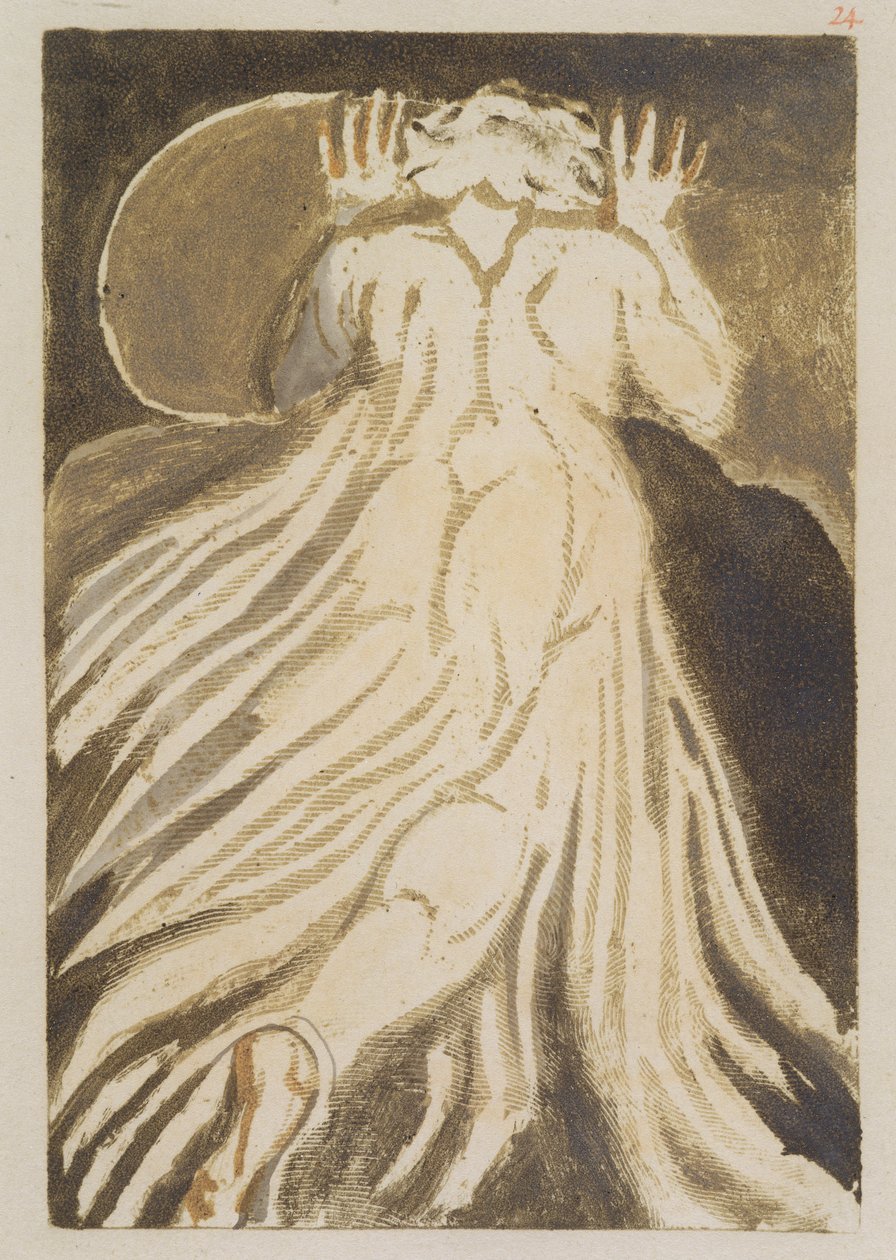 „Fehér hajú férfi hosszú, sápadt köntösben, aki felemelt kézzel menekül előlünk”, „The First Book of Urizen” 28. tábla, 1794 (színnyomásos domborműves tintával és wc-vel papíron) alkotó: William Blake