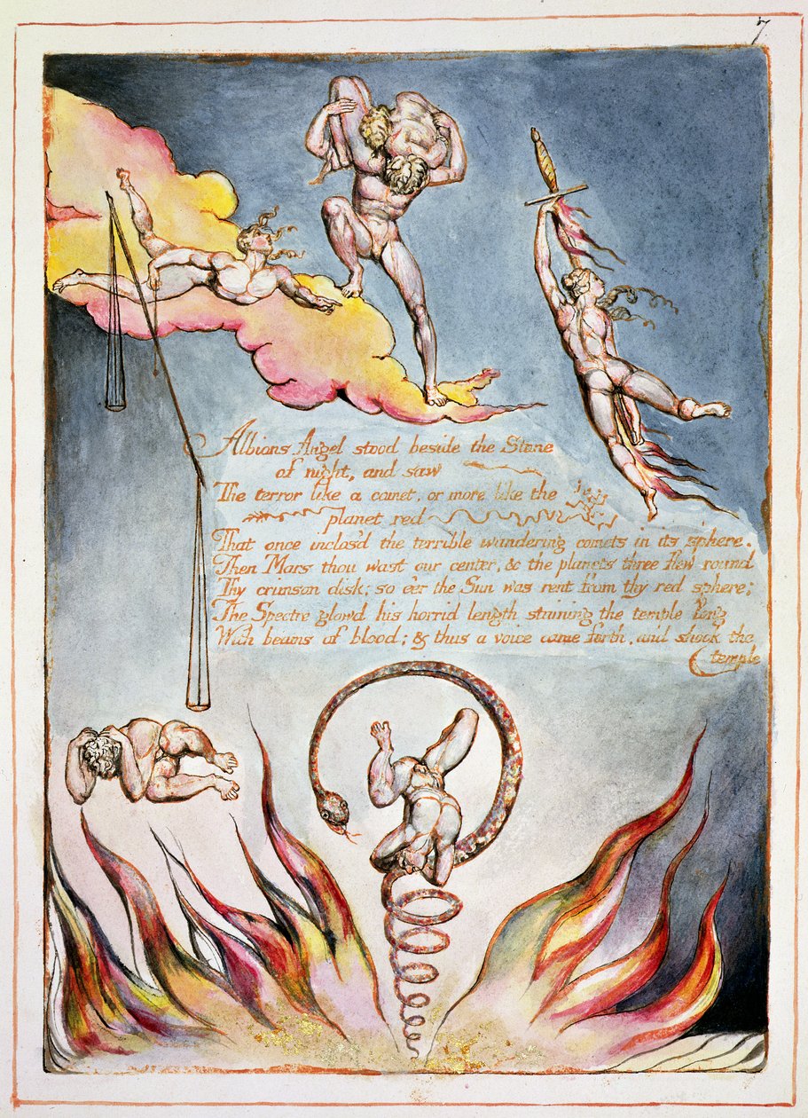 Albion angyala mellette állt, 5. tábla az „Amerika, egy prófécia”-ból, 1793 (domborműves marattatás és wc papíron) alkotó: William Blake