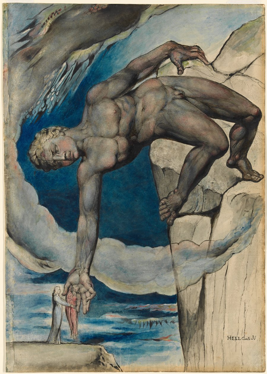 Antaeus leültette Dante -t és Virgilust a pokol utolsó körében alkotó: William Blake