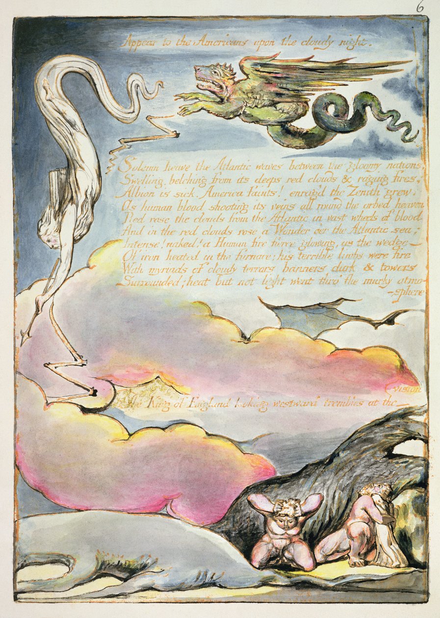 Megjelenik az amerikaiaknak, 4. tábla az „Amerika, egy prófécia” című filmből, 1793 (domborműves marattás és wc papíron) alkotó: William Blake