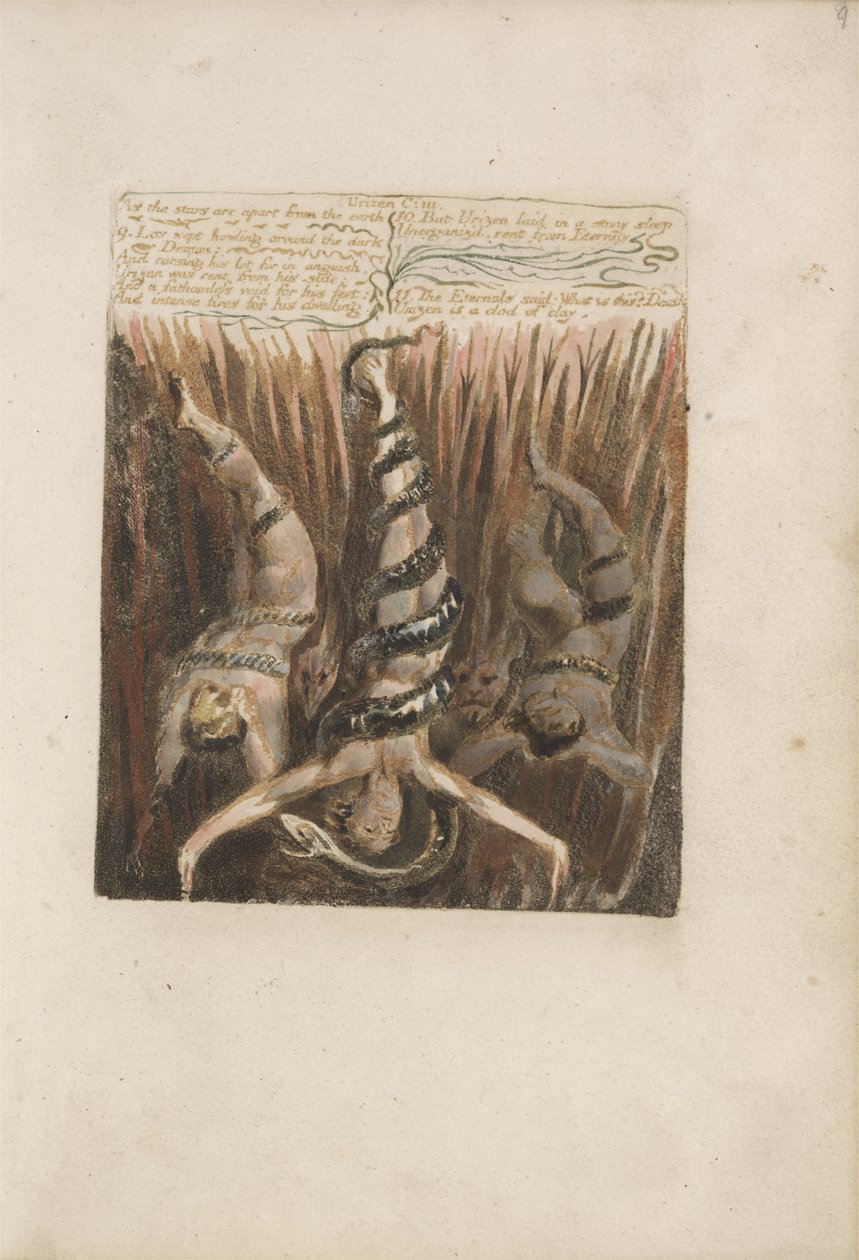 Mivel a csillagok elkülönülnek a földtől..., 9. tábla az Urizen első könyvéből, 1794 (színnyomásos domborműves tintával és WC-vel) alkotó: William Blake