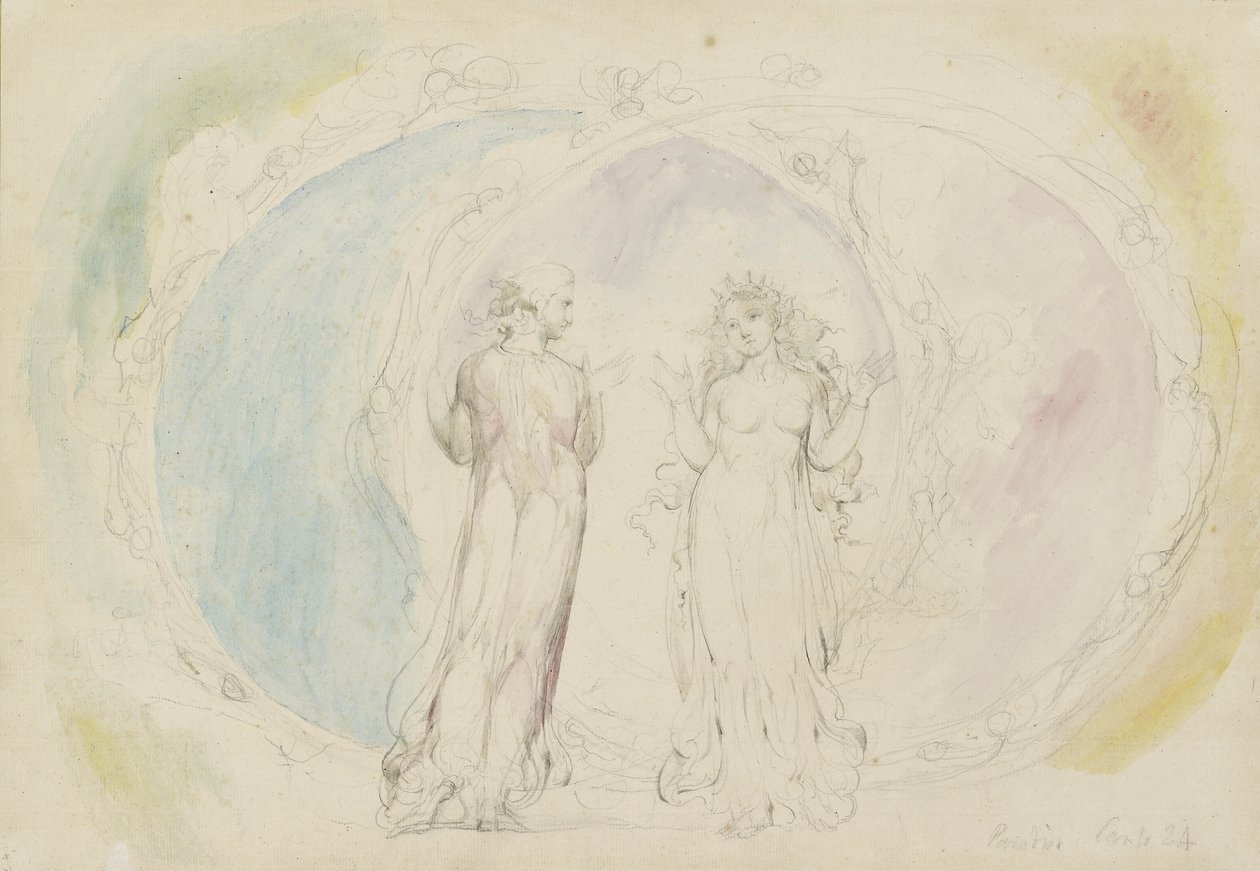 Beatrice és Dante az Ikrekben, Lánggömbök közepette, illusztráció az „Isteni színjátékhoz”, Paradiso, 1825-27 (wc tollal és tintával grafit felett) alkotó: William Blake