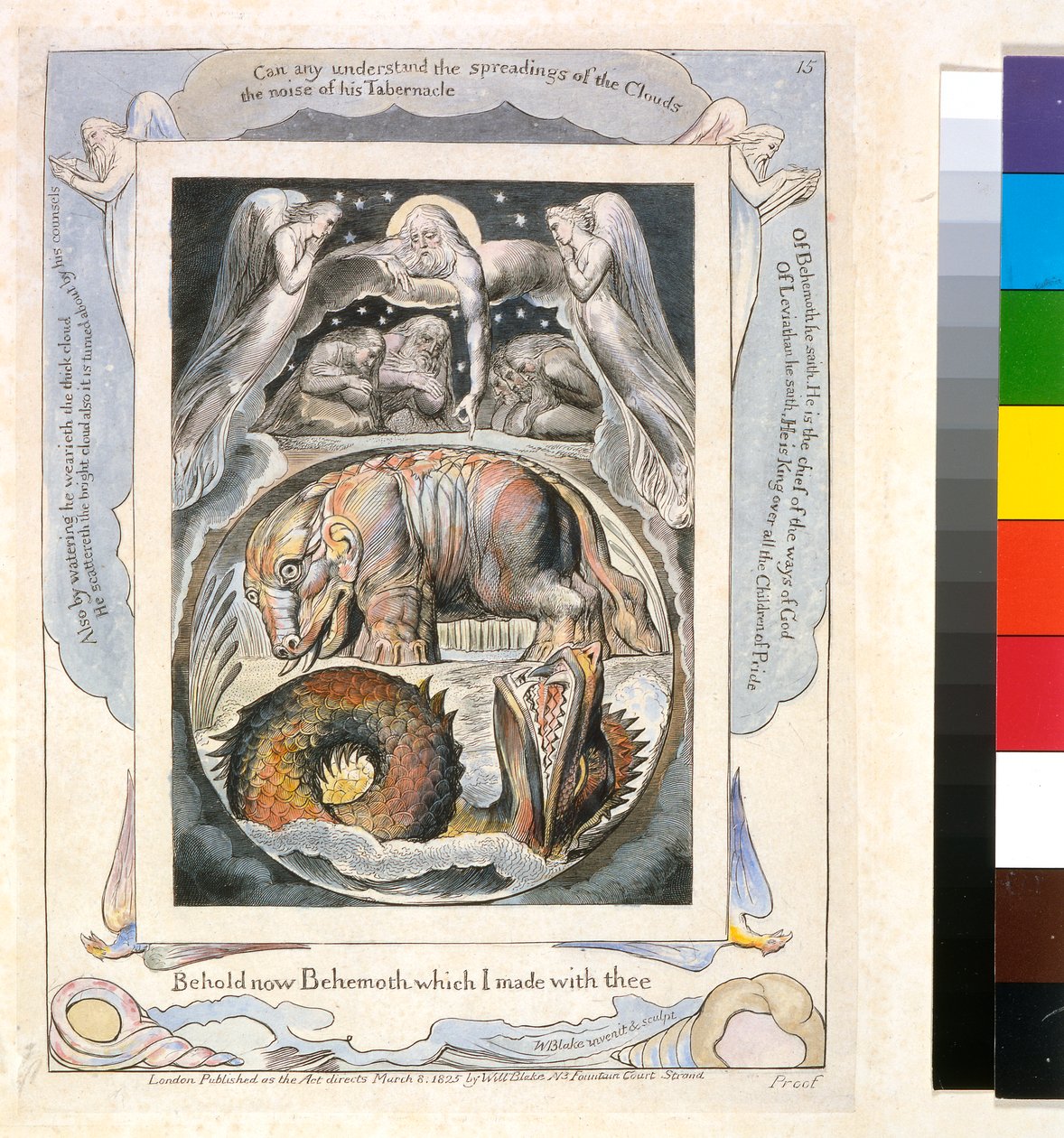 Behemót és Leviatán Jób könyvéből (15. oldal), 1793 körül (kézzel színezett vonalmetszet) alkotó: William Blake