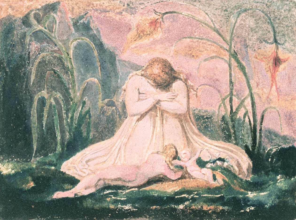 Thel könyve; Thel a „Matron Clay” és a féreg fölé hajolva, 1789 (színes domborművésés) alkotó: William Blake