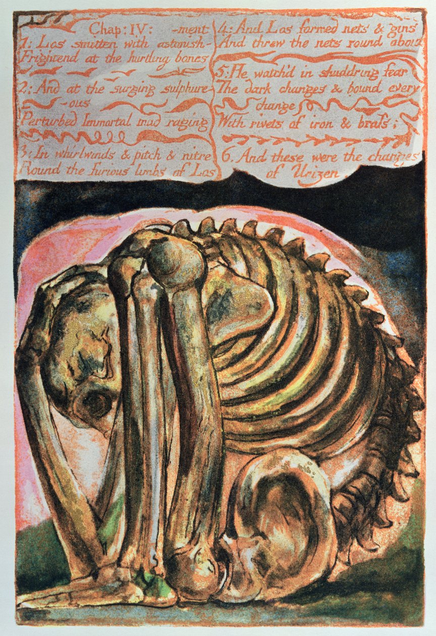 Urizen könyve; Urizen megteremtése anyagi formában Los által, 1794 (színnyomatos dombormetszet) alkotó: William Blake