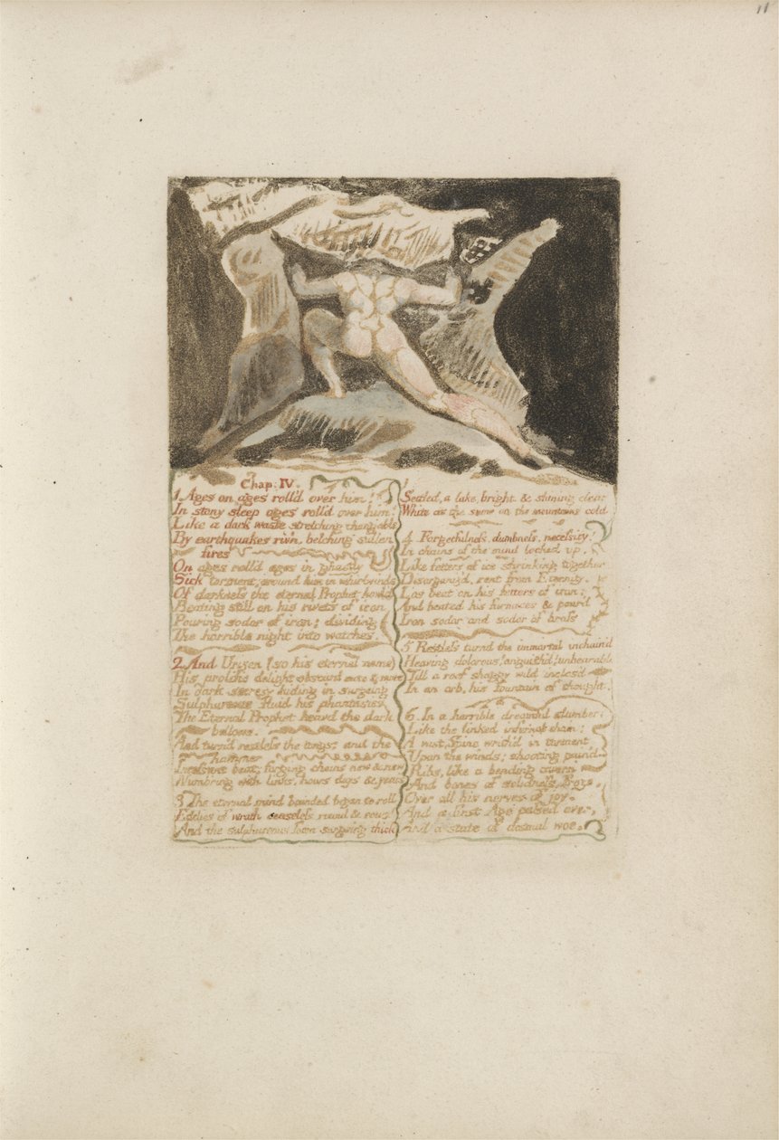 Fejezet: IV, Ages on ages rolld over him..., 13. tábla az Urizen első könyvéből, 1794 (színnyomásos domborműves tintával és wc-vel) alkotó: William Blake