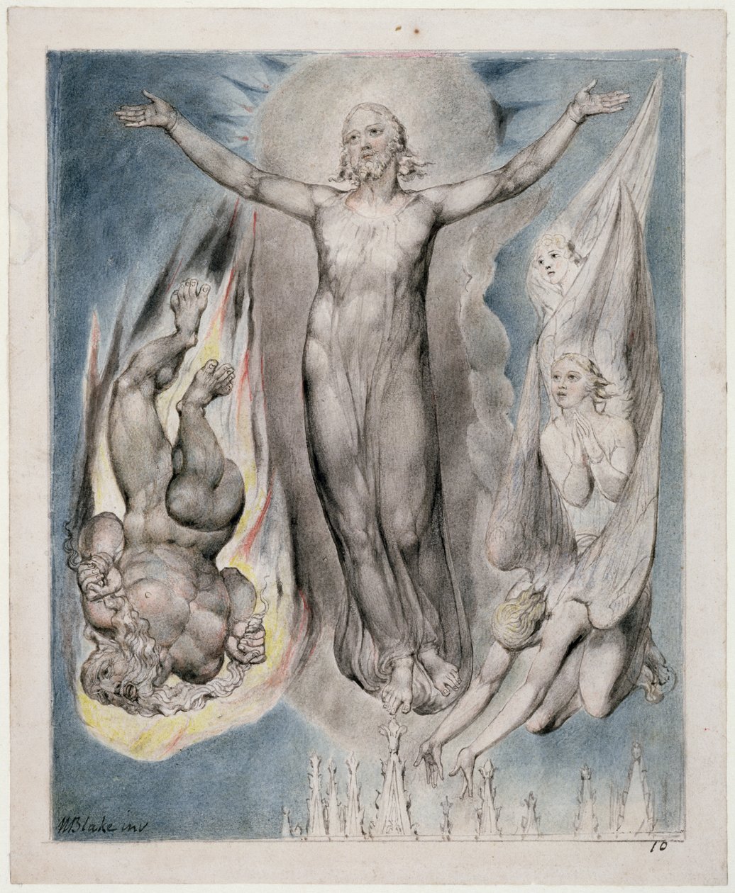 Krisztus elhelyezve a Templom csúcsán, illusztráció a „Regenerált paradicsomból”, John Milton, 1816-1818 körül (toll, tinta és WC papíron) alkotó: William Blake
