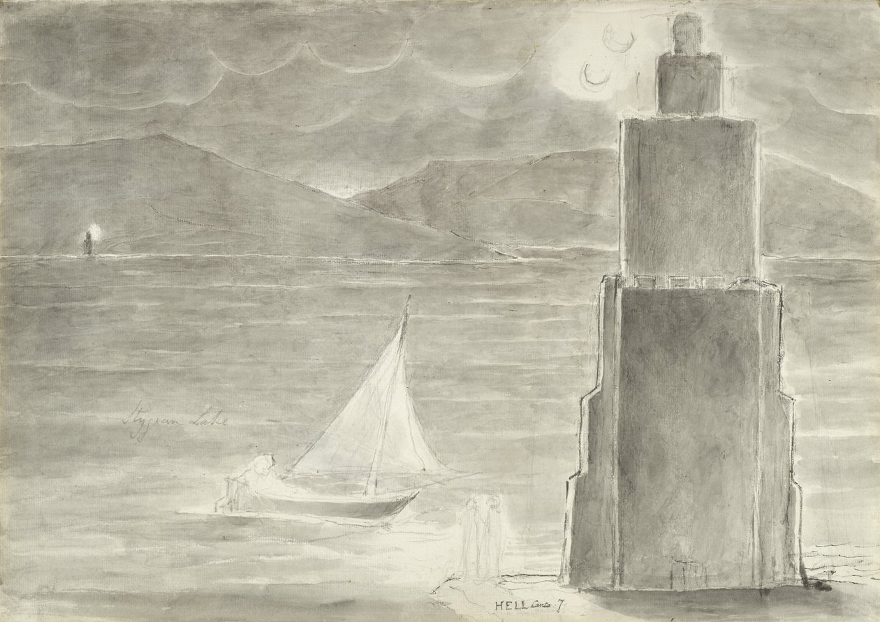 Dante és Vergilius a Stygian medence szélén, illusztráció Dante Alighieri Isteni színjátékához, 1824-27 (toll és tinta WC-vel, mosás és kréta papíron) alkotó: William Blake