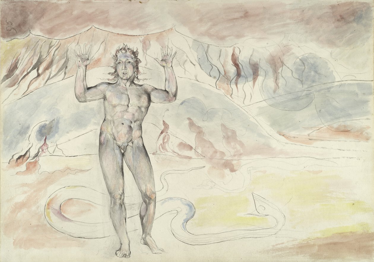 Donati kígyóvá változott; Francesco deCavalcanti emberré változott, illusztráció Dante Alighieri Isteni komédiájához, 1824-27 (toll és tus, ceruzával és krétával, papírra). alkotó: William Blake