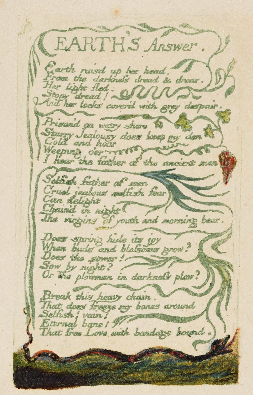 „Föld válasza”, 34. lemez a „Songs of Experience”-ből, 1794 (domborműves rézkarc vízfestékkel) alkotó: William Blake