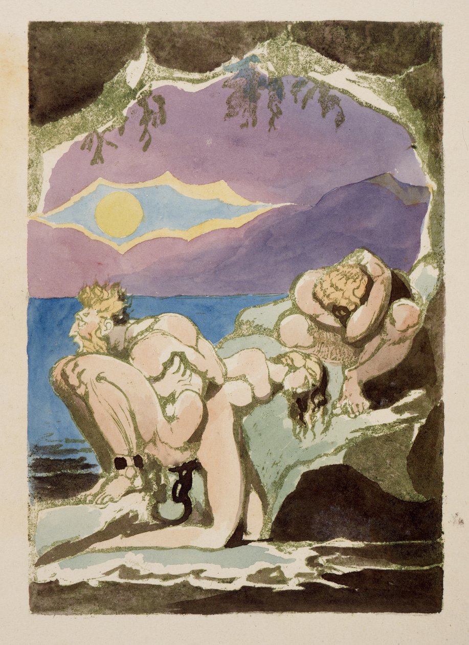 Alakzatok sziklákon, felettük a nap tűnik fel a sűrű felhőszakadásban, az Albion leányai látomásából, 1793 (domborműves wc-vel) alkotó: William Blake