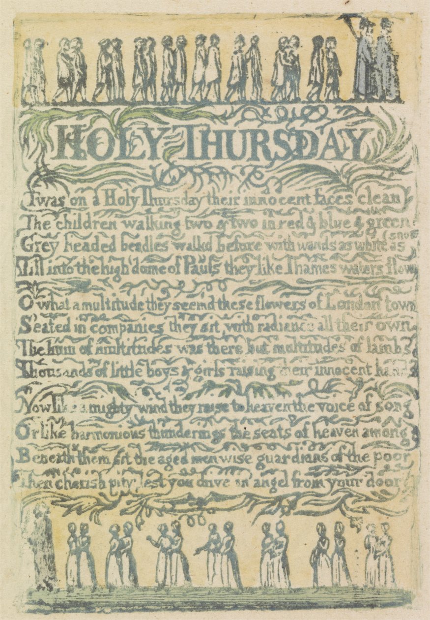 Nagycsütörtök, 24. lemez az Ártatlanság énekeiből, 1789 (kézzel színezett domborműves akvarellel) alkotó: William Blake