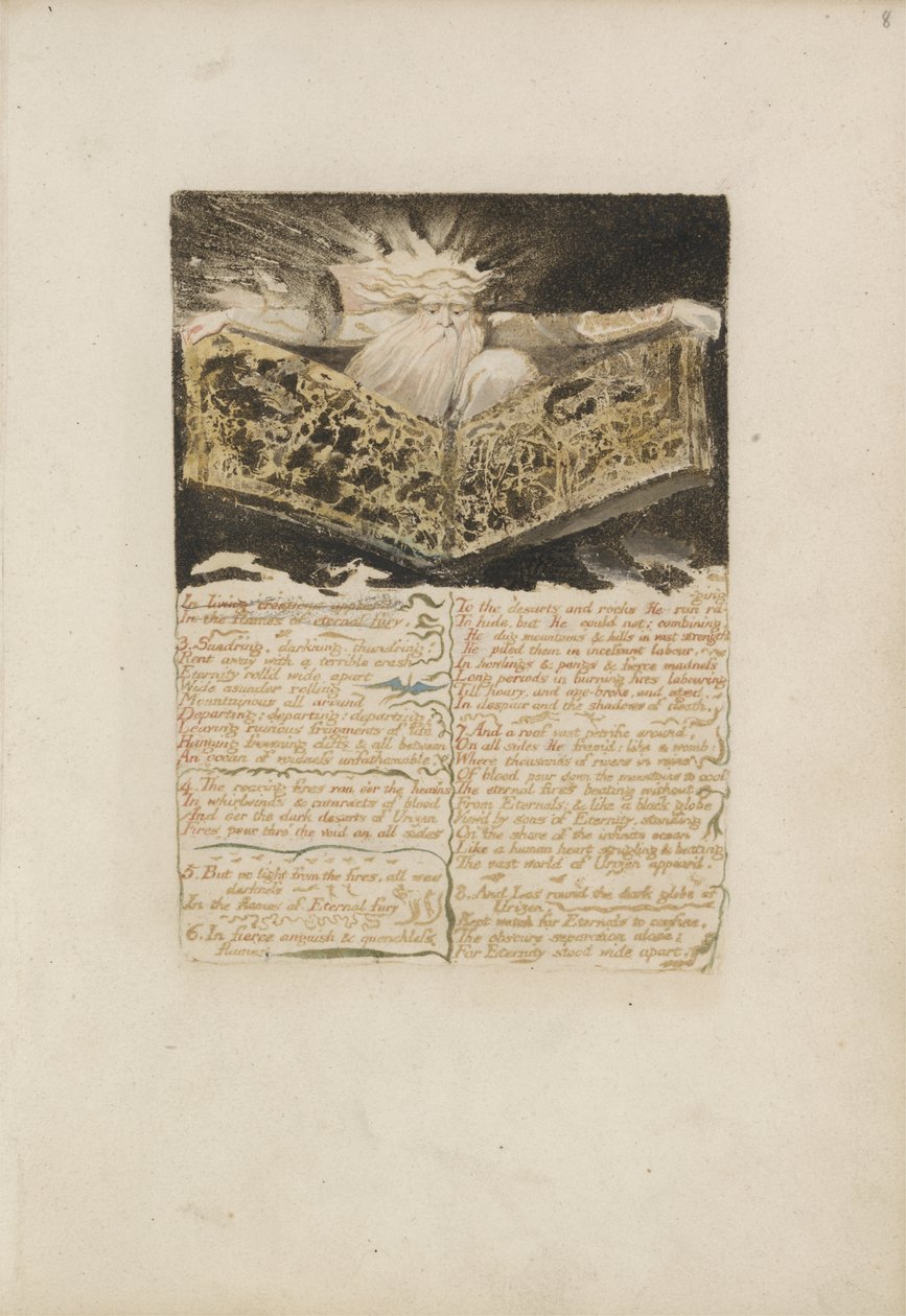 Élő alkotásokban megjelent..., Urizen első könyvének 8. táblája, 1794 (színnyomásos domborműves tintával és wc-vel) alkotó: William Blake