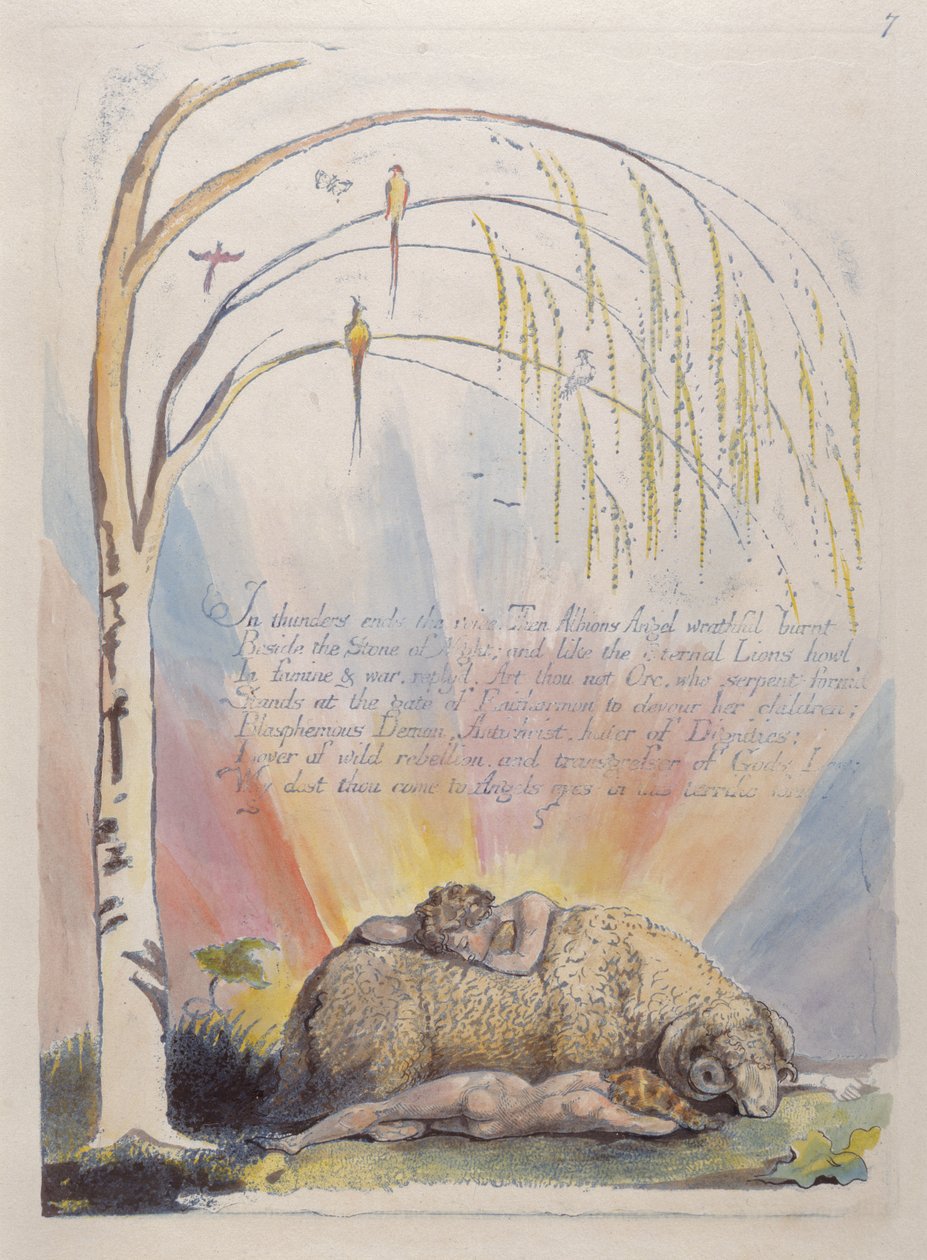 Mennydörgésben véget ér a hang..., 9. tábla Amerikából: Egy prófécia, 1793 (domborműves metszet kék színnel, tollal, tintával és wc-vel) alkotó: William Blake