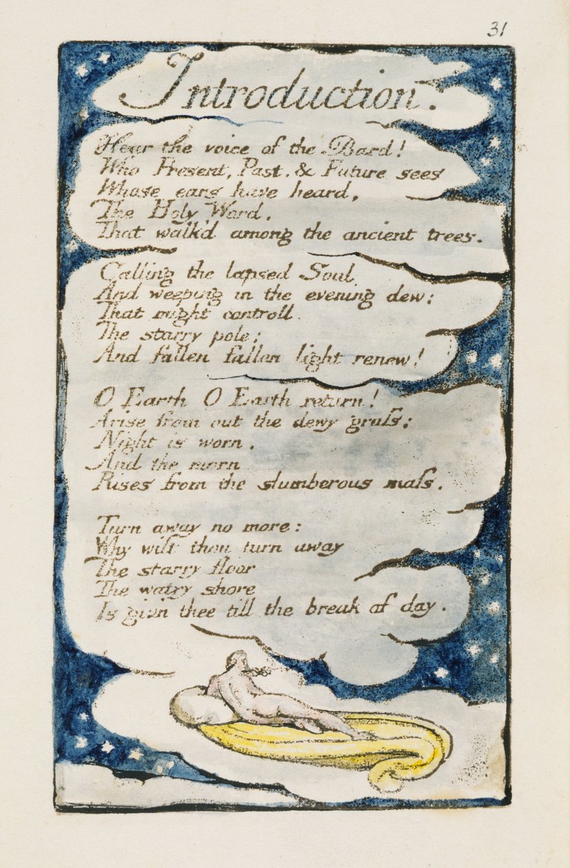 „Bevezetés”, 31. lemez (Bentley 30) a „Songs of Innocence and of Experience”-ből (Bentley Copy L) 1789-94 (domborműves rézkarc tollal és WC-vel) alkotó: William Blake