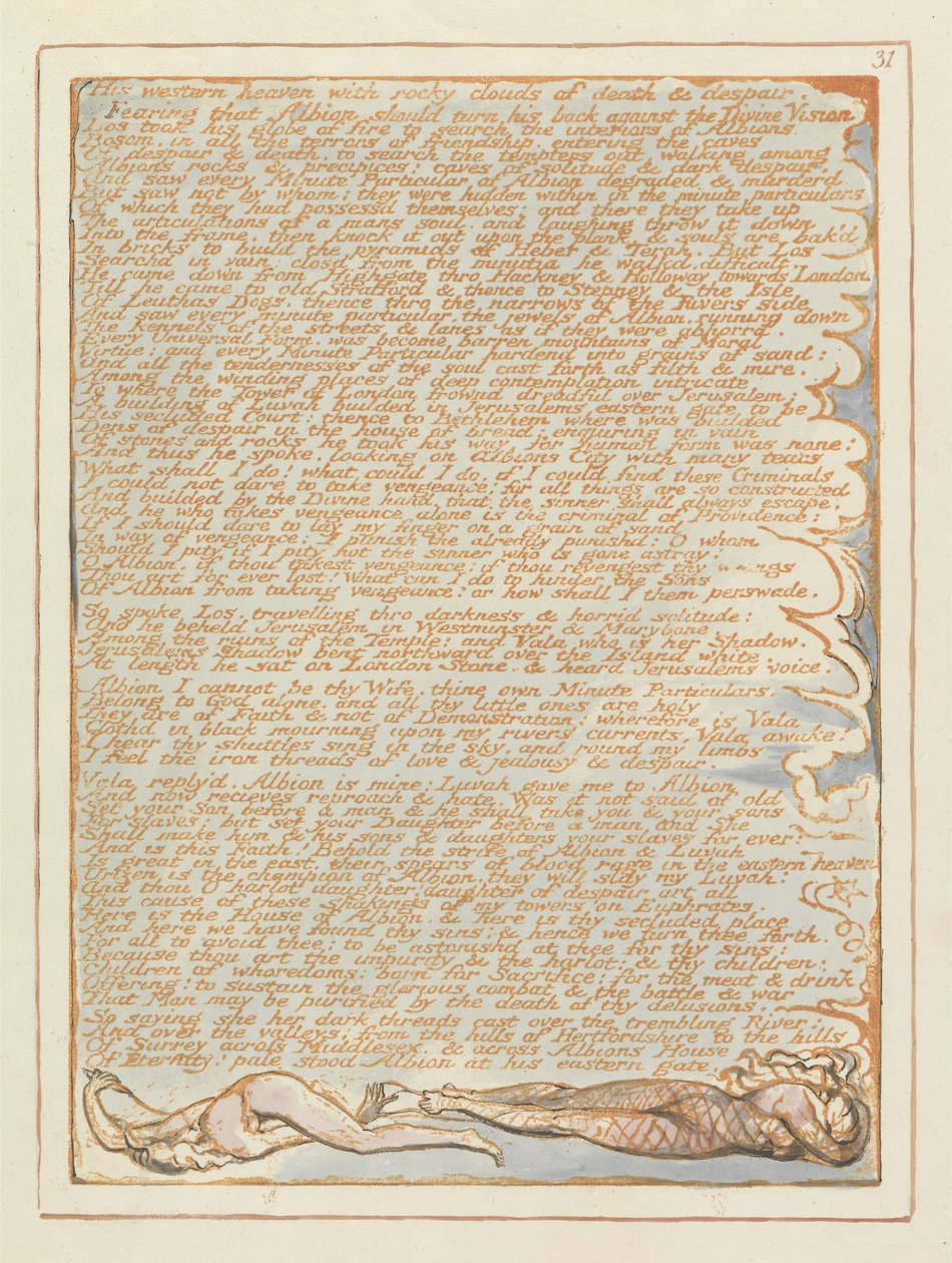 Jerusalem His Western Heaven..., 31. o., Jeruzsálemből, az Óriás Albion kisugárzása, William Blake (1757-1827), 1804-1820 (domborműves rézkarc tollal és WC-vel papíron) alkotó: William Blake