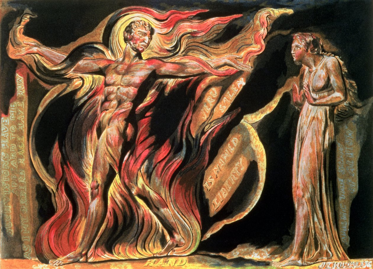 Jeruzsálem Az óriás Albion Emanációja; Ilyen látomások jelentek meg nekem, 1804 (dombormetszet, fehér vonalmetszet, wc) alkotó: William Blake