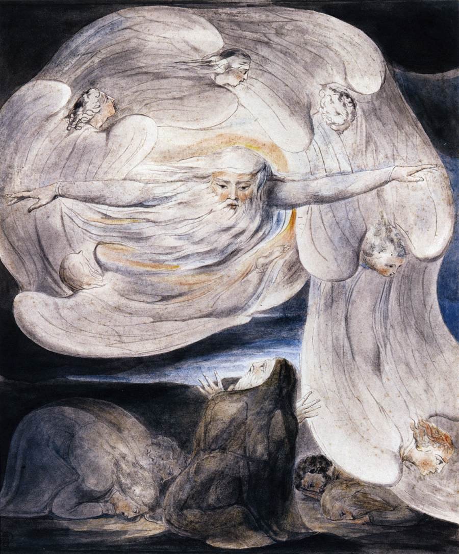 Jób Bevallja vélelmét Istennek, aki a forgószélből válaszol alkotó: William Blake