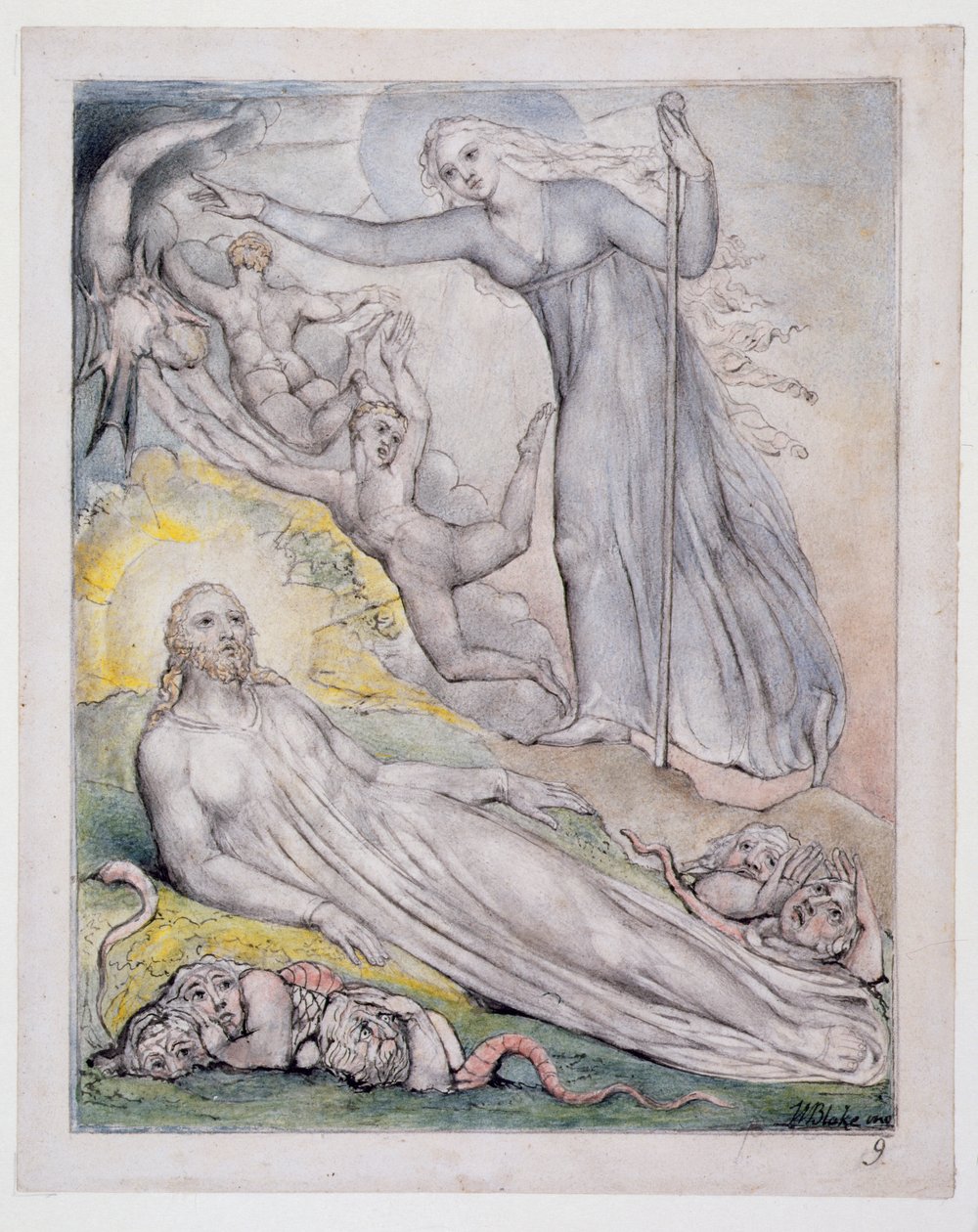 Reggel Chasing away the Phantom, illusztráció a „Regenerált paradicsomból”, John Milton, 1816-1818 körül (toll és tinta, szürke mosás és WC papíron) alkotó: William Blake