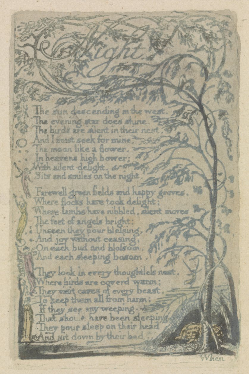 Éjszaka, 29. lemez az Ártatlanság énekeiből, 1789 (kézzel színezett domborműves akvarellel) alkotó: William Blake