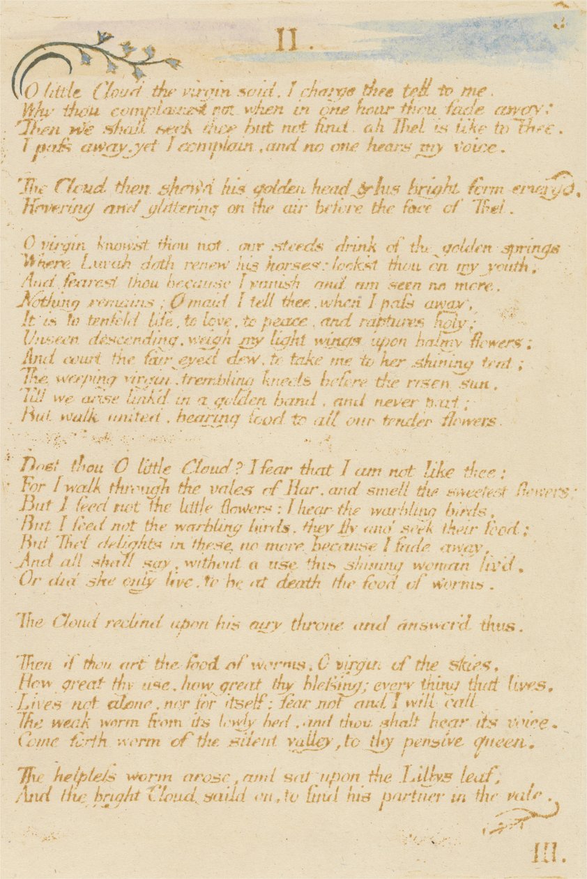 Ó kis felhő..., 5. tábla a Thel könyvéből, 1789 (domborműves, barna színben, wc-vel nyomtatva) alkotó: William Blake