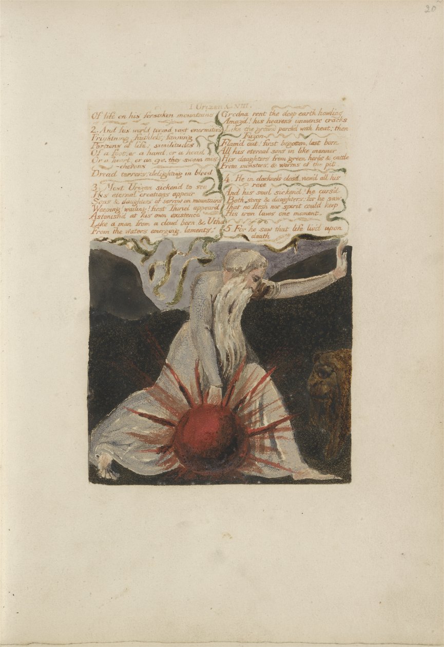 Az élet elhagyott hegyeiről..., 24. tábla az Urizen első könyvéből, 1794 (színnyomásos domborműves tintával és wc-vel papíron) alkotó: William Blake