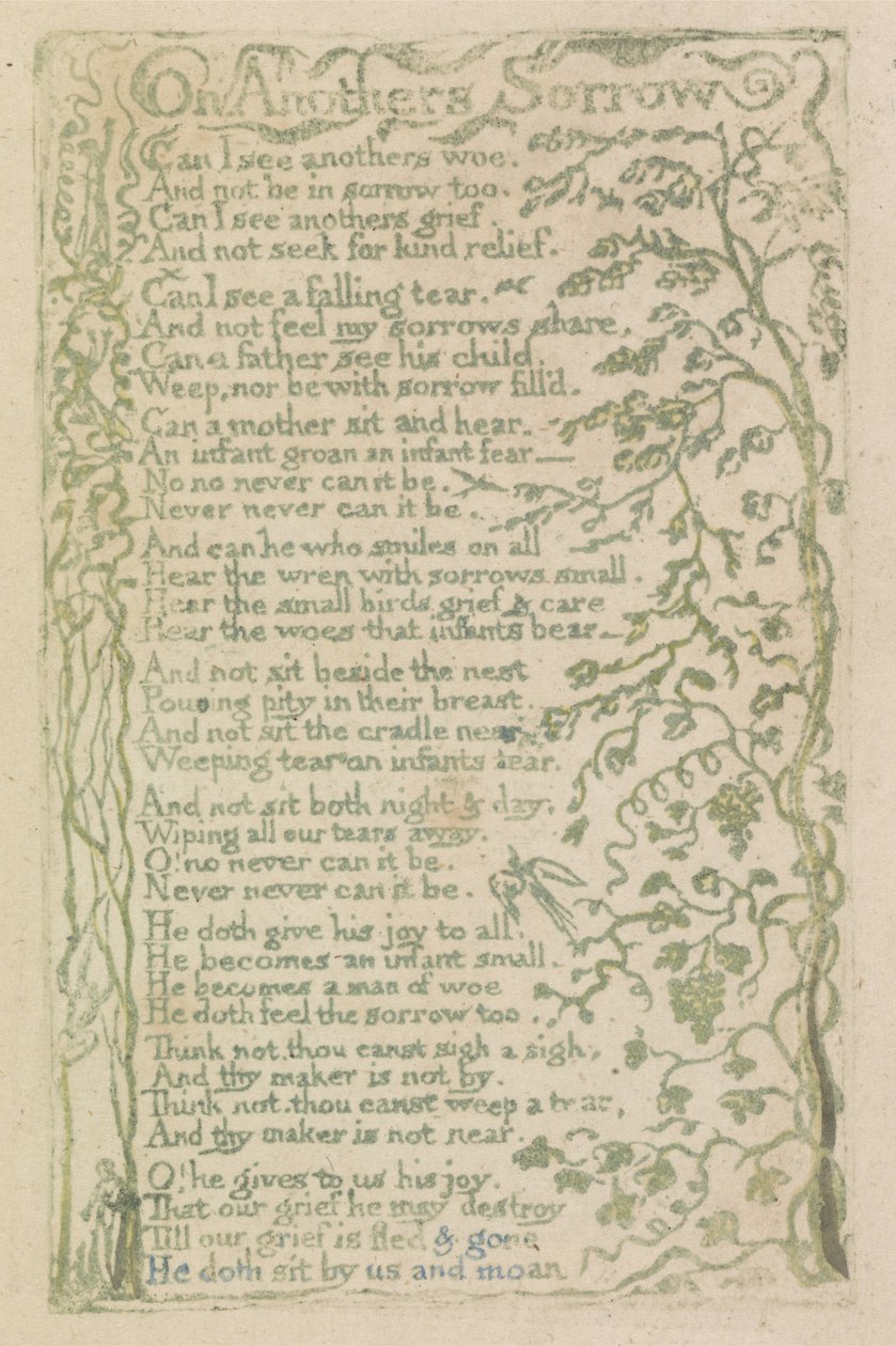 On Others Sorrow, 7. tábla az ártatlanság énekeiből, 1789 (kézzel színezett dombormű akvarellel) alkotó: William Blake