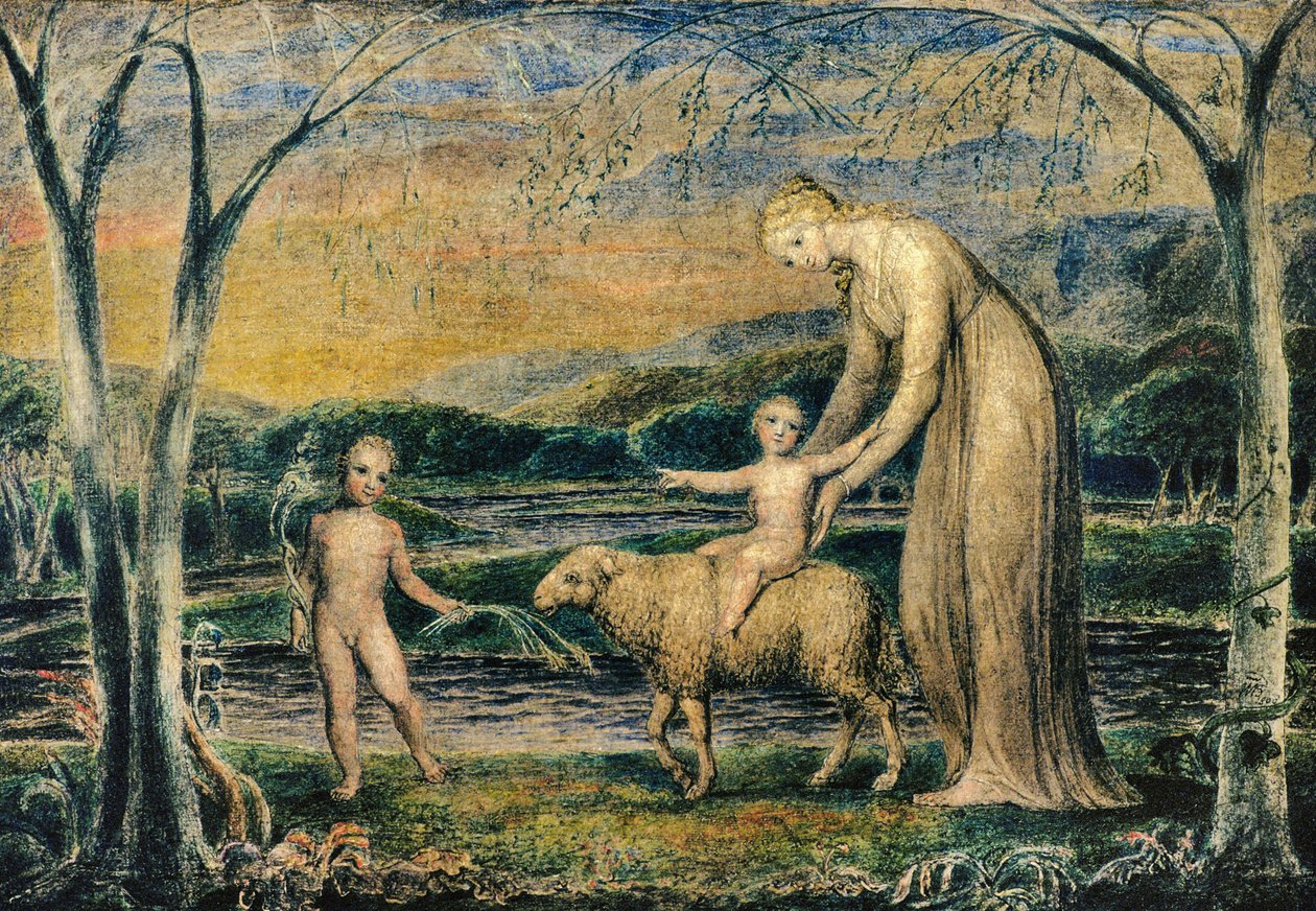 Szűzanya bárányon lovagló kis Jézussal Szent Jánossal, 1800 (tempera) alkotó: William Blake