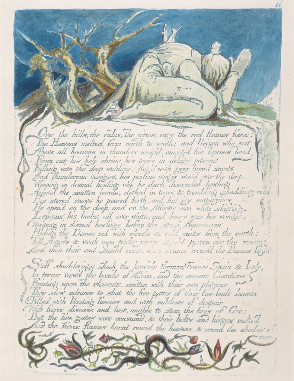 „Over the hills...”, 18. tábla az „Amerika: Próféta” című könyvből, 1793 (domborműves rézkarc kék színnel, tollal, tintával és WC-vel) alkotó: William Blake