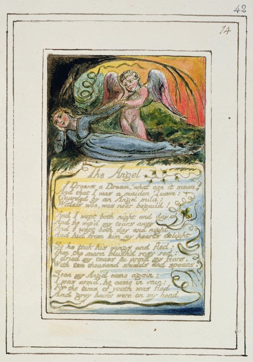 P.124-1950.pt42 Az angyal: 42. tábla az "Ártatlanság és tapasztalat dalai"-ból (R példány), 1802-08 körül (metszet, tus és wc) alkotó: William Blake