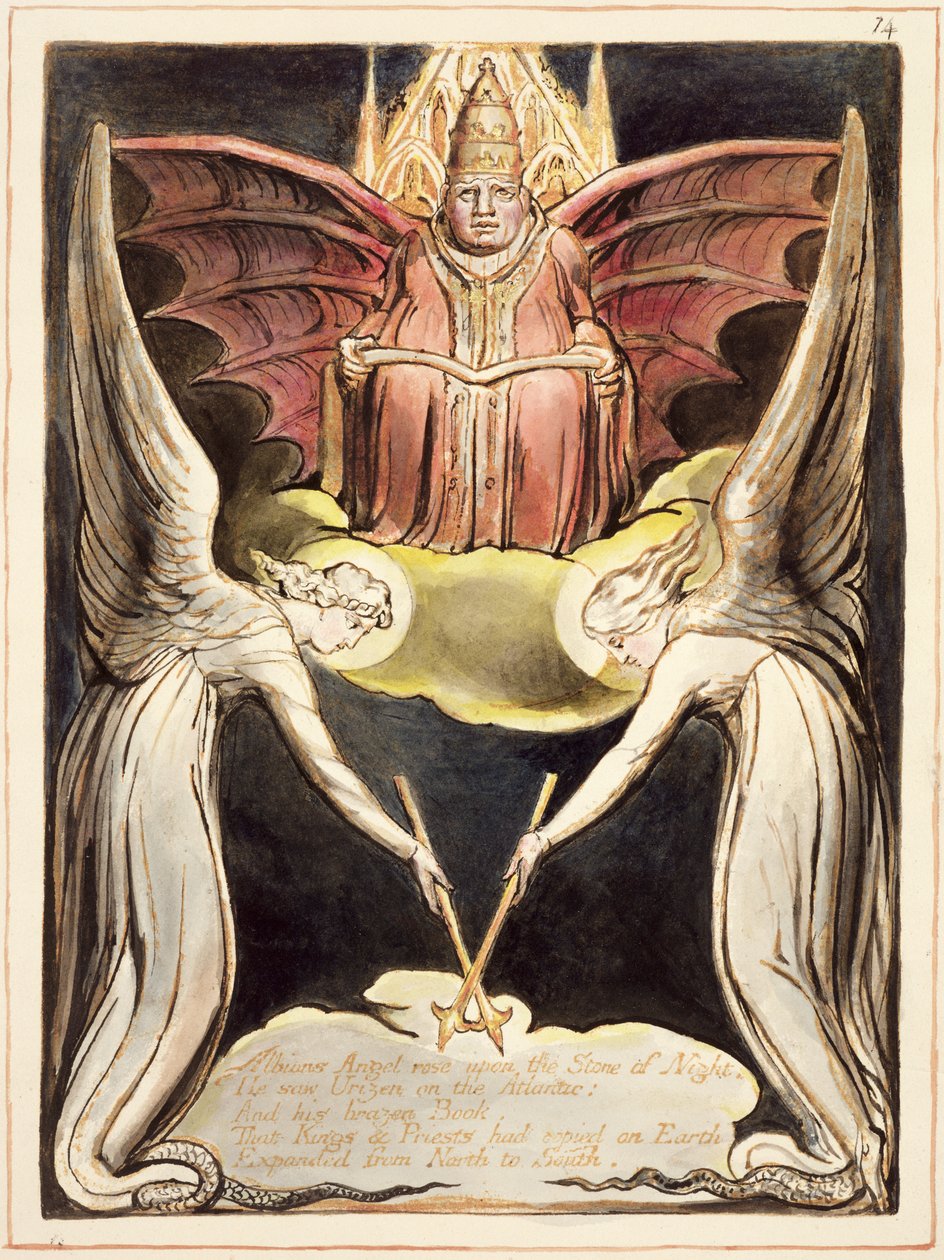 P.127-1950.pt.32 Pap Krisztus trónján, pápai tiarát és denevérszárnyakat viselő „Európa, egy prófécia” c. 1821-ből (domborműves metszet tollal és WC-vel papíron) alkotó: William Blake