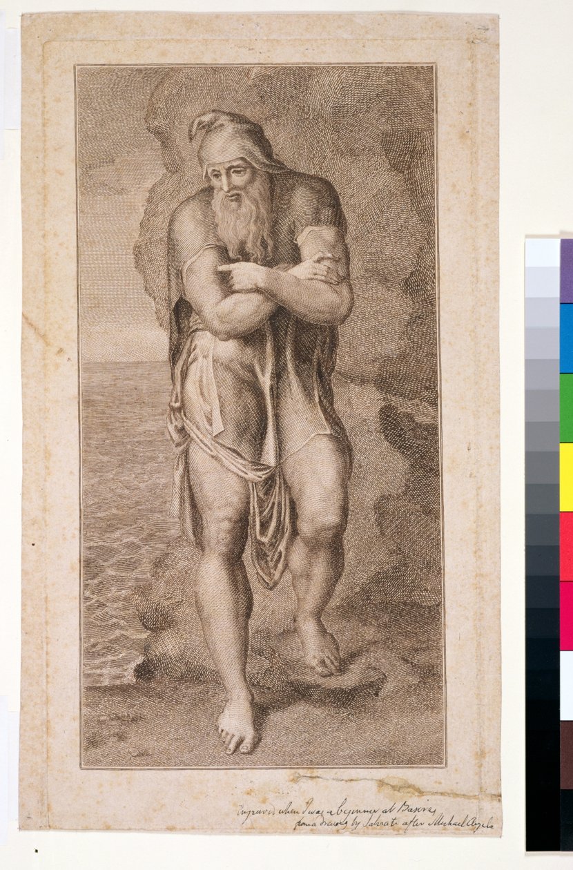 P.391-1985 Arimatheai József Albion sziklái között, (1. állam), 1773 (barna tintával színezett rézkarc és vonalmetszet) alkotó: William Blake