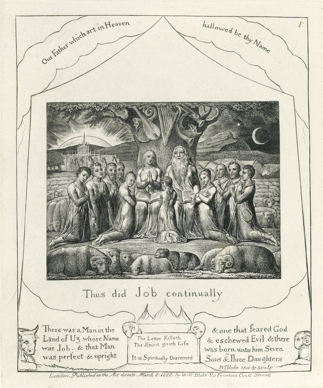 1. tábla, Jób és családja, illusztráció a „Jób könyvéből”, 1825 körül (fekete széntinta a papíron) alkotó: William Blake