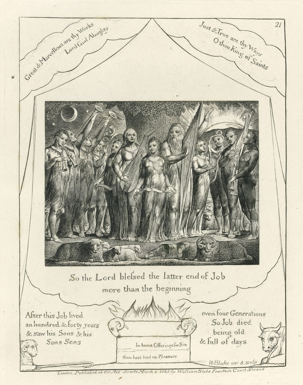 21. tábla, Jób és felesége felvirágoztatva, illusztráció a „Jób könyvéből”, 1825 körül (fekete széntinta a papíron) alkotó: William Blake
