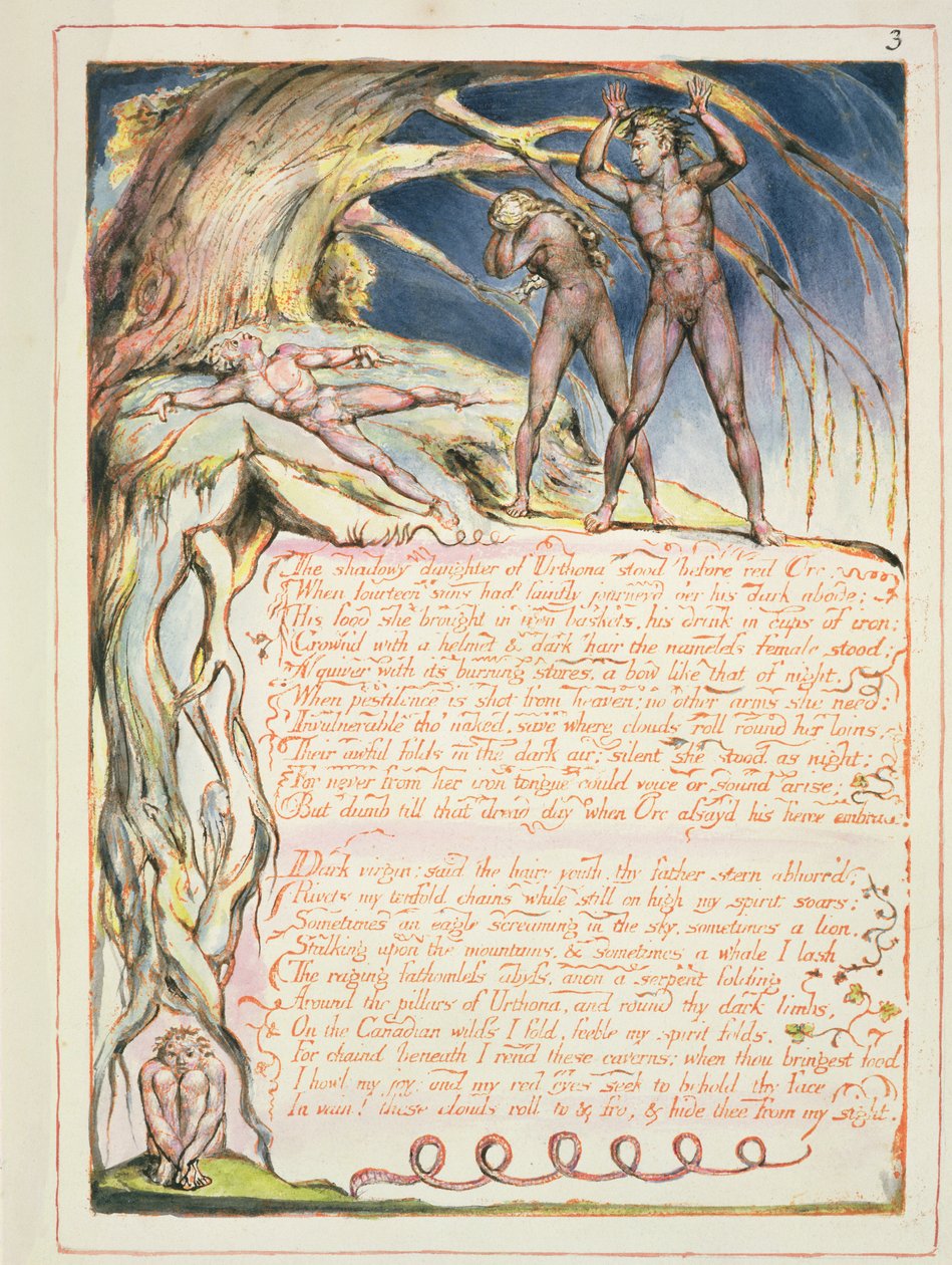 Preludium, 1. tábla az "Amerika, egy prófécia" című műből, 1793 (dombornyomásos metszet és rézkarc, papír) alkotó: William Blake