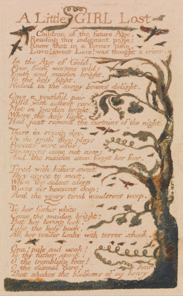 Az ártatlanság és a tapasztalat dalai, Plate 44, A Little Girl Lost (Bentley 51) alkotó: William Blake
