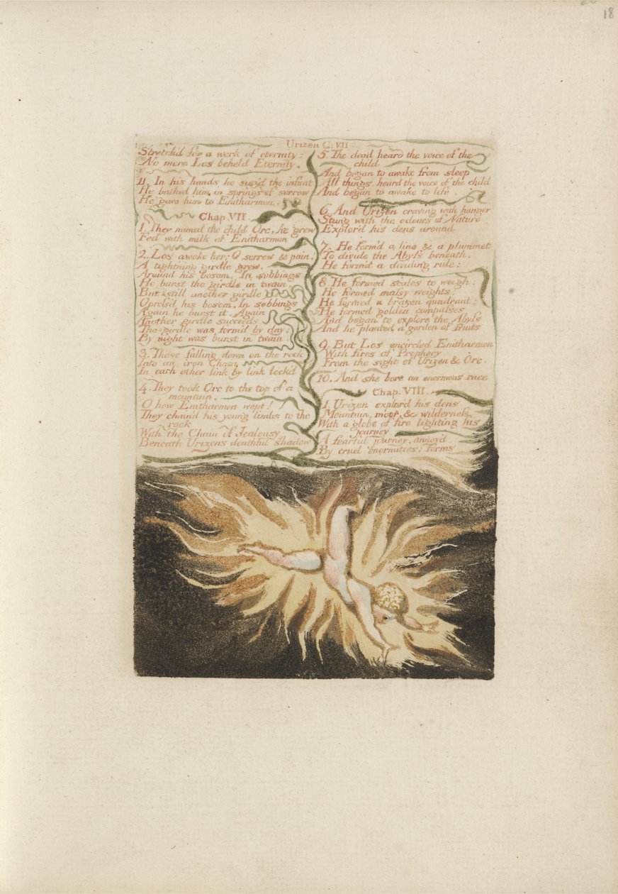Nyújtva az örökkévalóság művére..., 22. tábla az Urizen első könyvéből, 1794 (színnyomásos domborműves tintával és wc-vel papíron) alkotó: William Blake