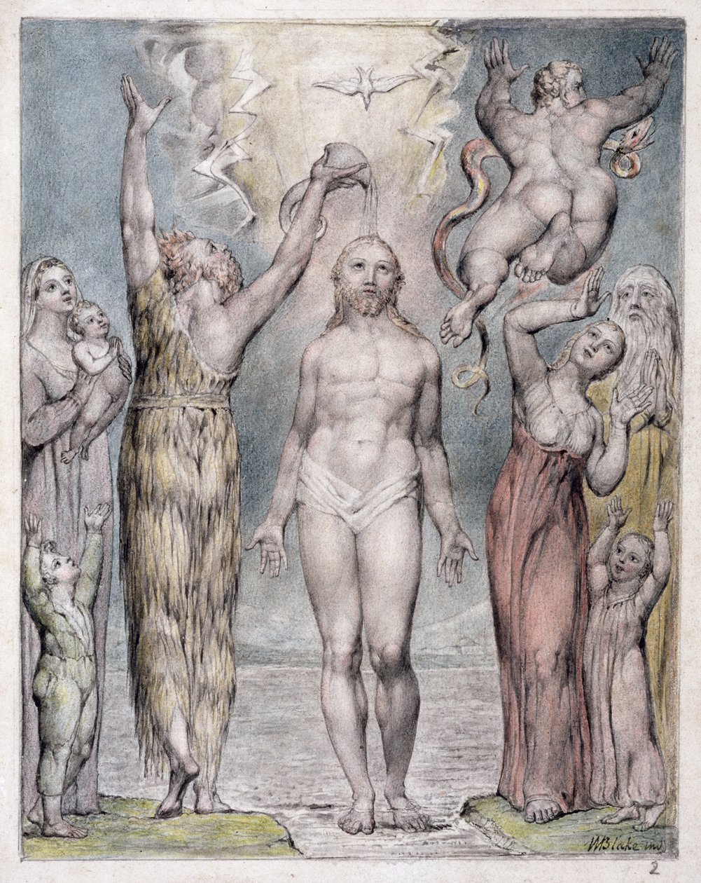 Krisztus megkeresztelkedése, illusztráció a „Reagained Paradise”-ból, John Milton, 1816-1818 körül (toll és tinta, szürke mosás és WC papíron) alkotó: William Blake