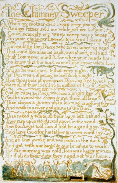 A kéményseprő, 13. lemez az Ártatlanság énekeiből, 1789 (domborműves wc-vel a papíron) alkotó: William Blake