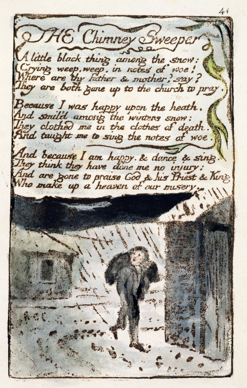 "A kéményseprő", 41. tábla (Bentley 37) a "Songs of Innocence and of Experience" (Bentley Copy L) 1789-94-ből (dombormetszet, tollal és wc-vel) alkotó: William Blake