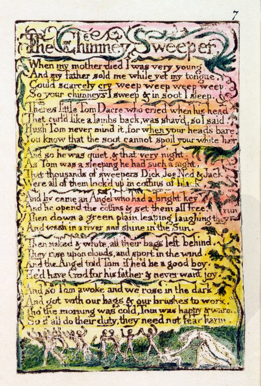 „A kéményseprő”, 7. lemez (Bentley 12) a „Songs of Inocence and of Experience” (Bentley Copy L) 1789-94-ből (magas metszet tollal és WC-vel) alkotó: William Blake