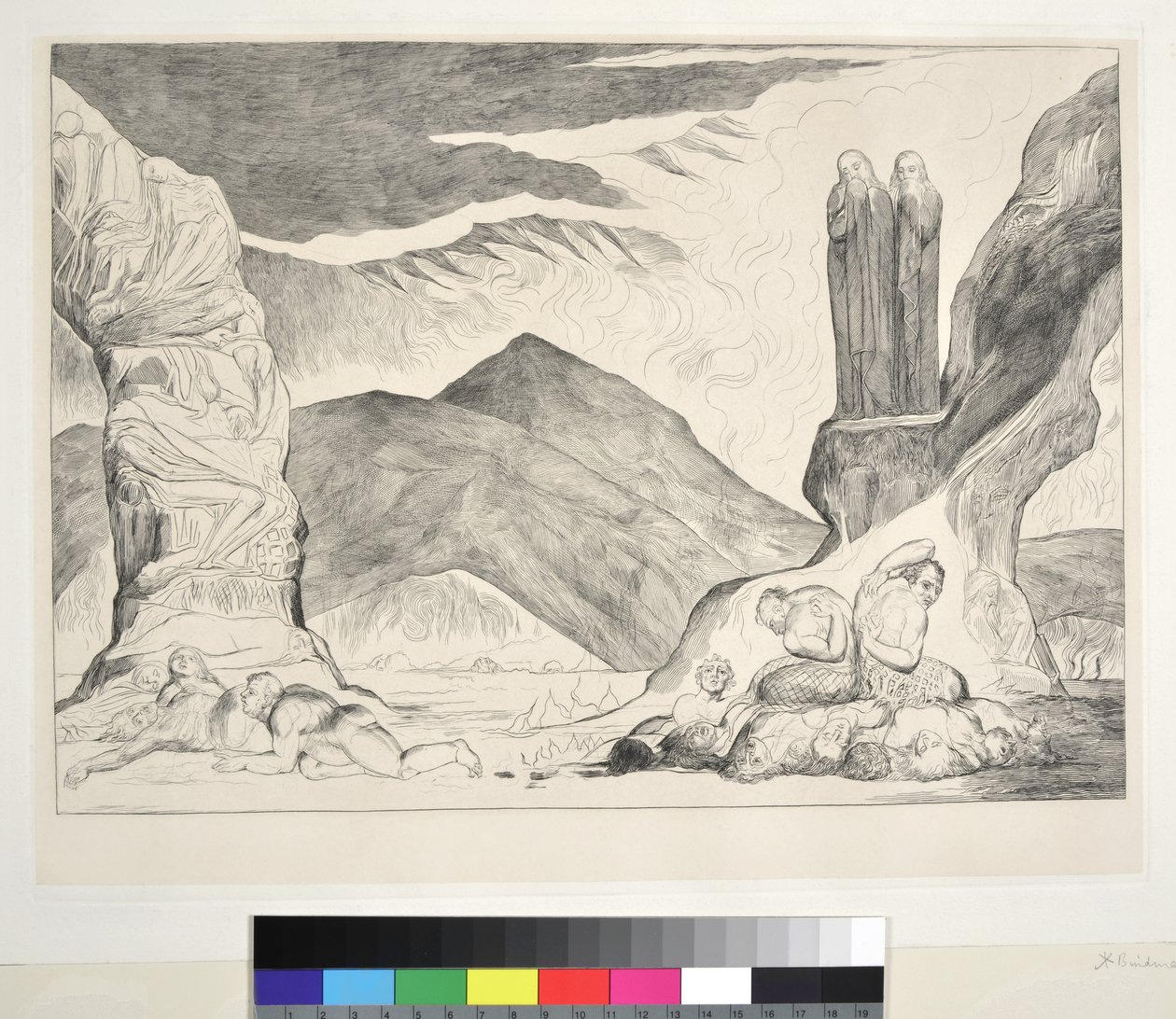 A hamisítók köre: Dante és Vergilius a bűz miatt befogják az orrukat, Inferno, XXIX. ének, illusztráció Dante Alighieri "Isteni komédiájához", 1827. alkotó: William Blake